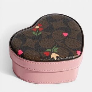 Coach Pink Leather Heart Jewelry Box Signature Canvas Heart Petal Print